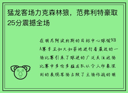 猛龙客场力克森林狼，范弗利特豪取25分震撼全场